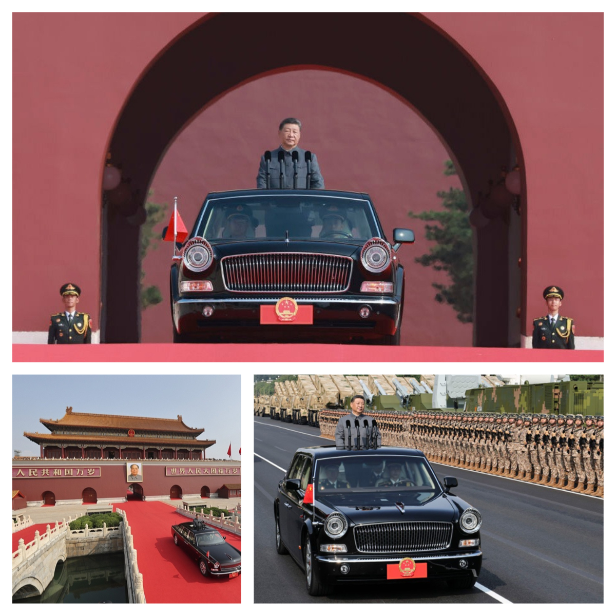 習主席身著中山裝，乘坐紅旗檢閱車緩緩駛出天安門城樓